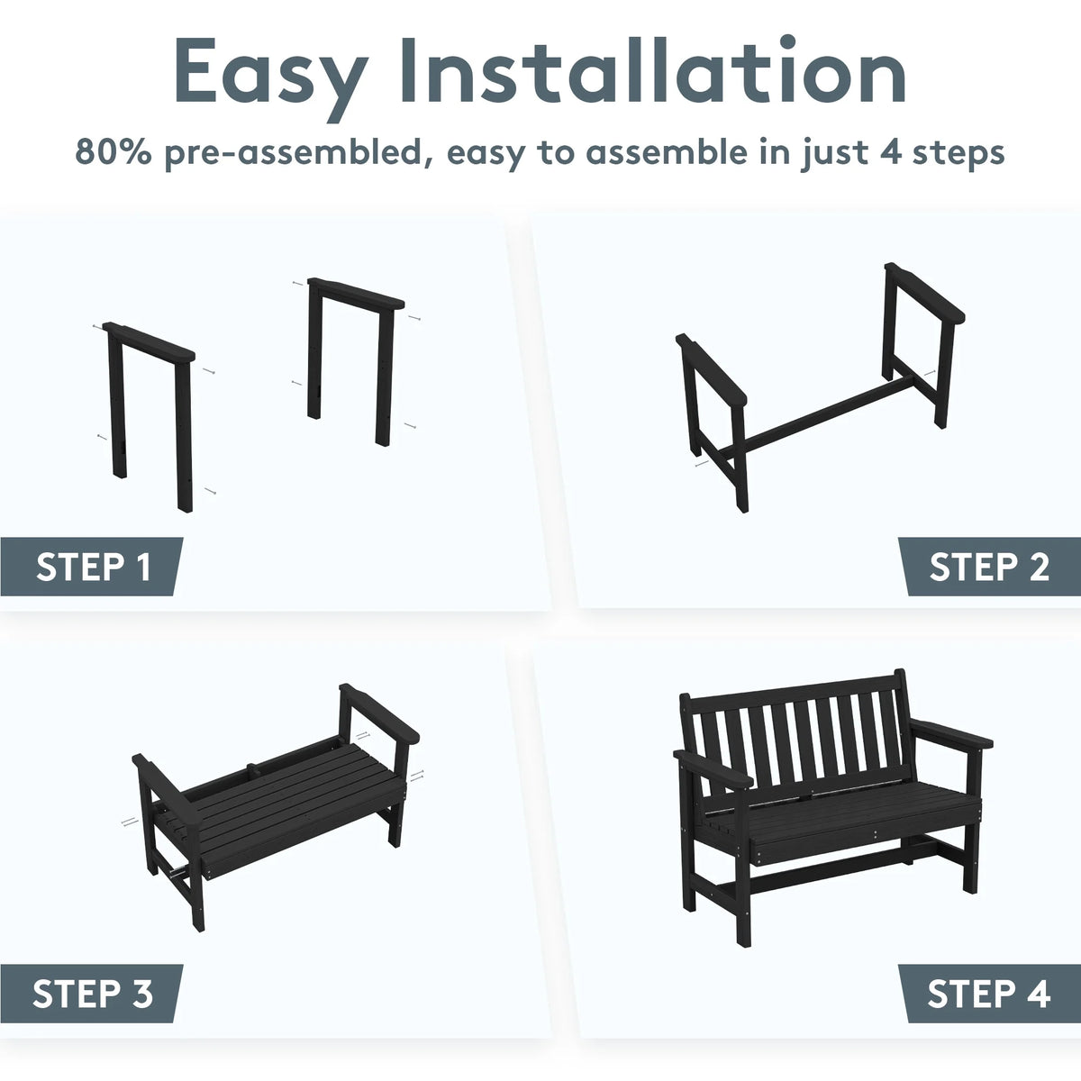 SERWALL Outdoor Bench for 2-Person, Weather-Resistant HDPE with Aluminum Reinforcement, Supports 660 lbs, Comfortable Seating for Patio, Garden, and Porch, Black