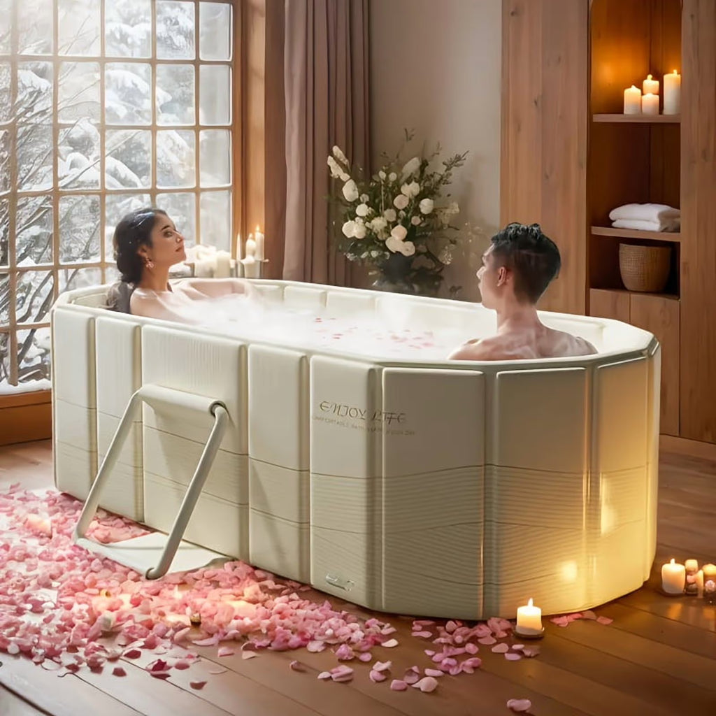 [Lightweight Design] Portable Hot Tub for Home Gym - Quick Setup, No Installation Needed, Foldable Storage, Dual Drainage Design, Beige PVC Material - Perfect Christmas Gift for Relaxation & Wellness