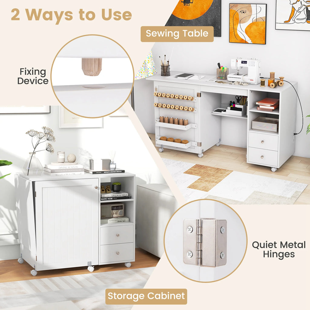 Costway Folding Sewing Table Charging Station Multifunctional Sewing Machine Cart Table