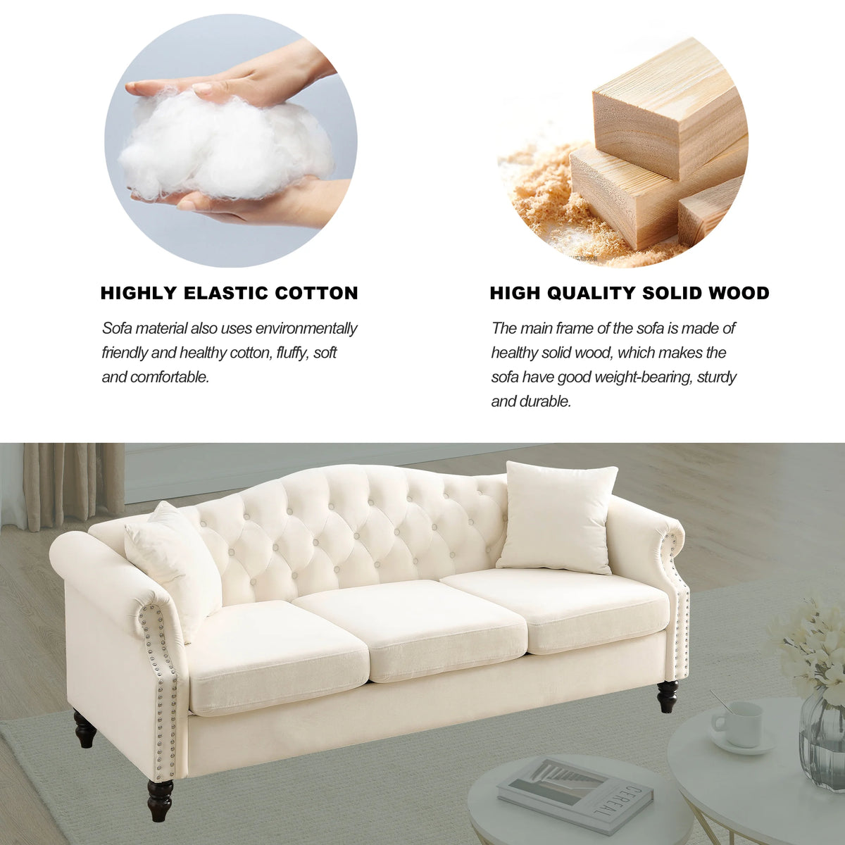 Chesterfield Upholstered Velvet Sofa, 3 Seater Button Tufted Couch with Nailhead Arms for Living Room Bedroom Office Apartment