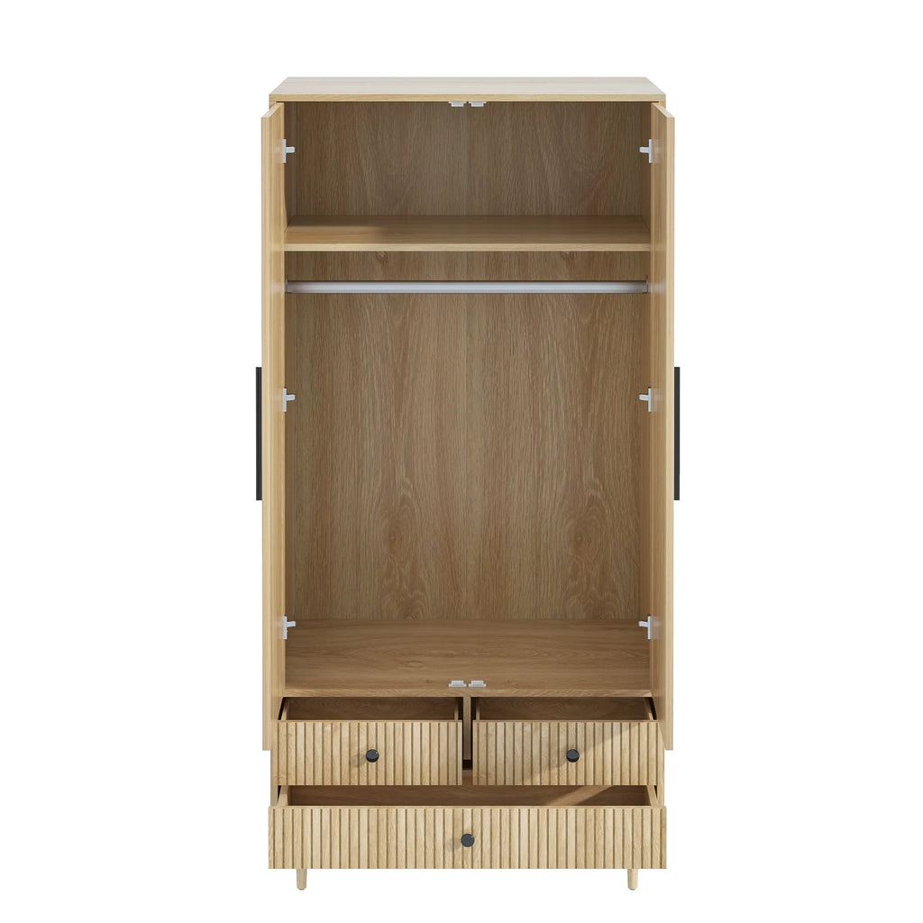 Oubayajia Wardrobe Armoire Closet, 2 Fluted Doors Wardrobe Cabinet with 3-Drawer and Hanging Rod, Wood Wardrobe Storage for Bedroom