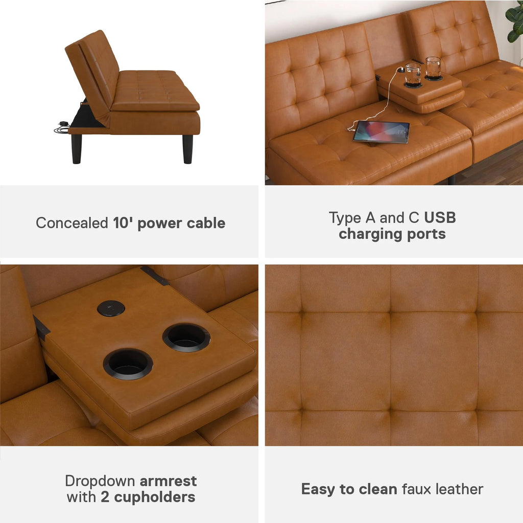 Mainstays Memory Foam 71.5" Futon with Cupholder and USB, Black Faux Leather