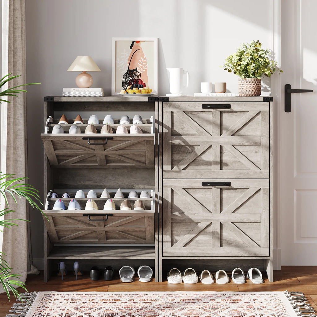 VEANERWOOD Shoes Storage Cabinet With Doors, Farmhouse Shoe Cabinet With 2 Flip Drawers For Entryway,Gray