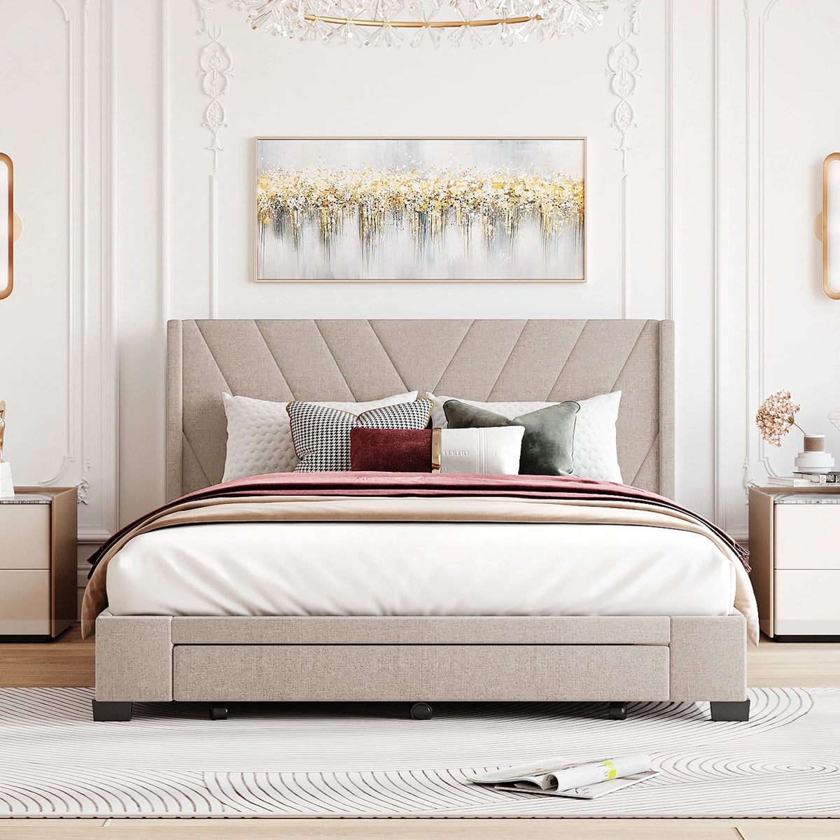 Sesslife Queen Bed Frame with Storage, New Upgraded Linen Upholstered Platform Bed with 3 Drawers, Queen Size Storage Bed with Headboard and Wooden Slats, No Box Spring Needed, Holds 500lbs, Beige