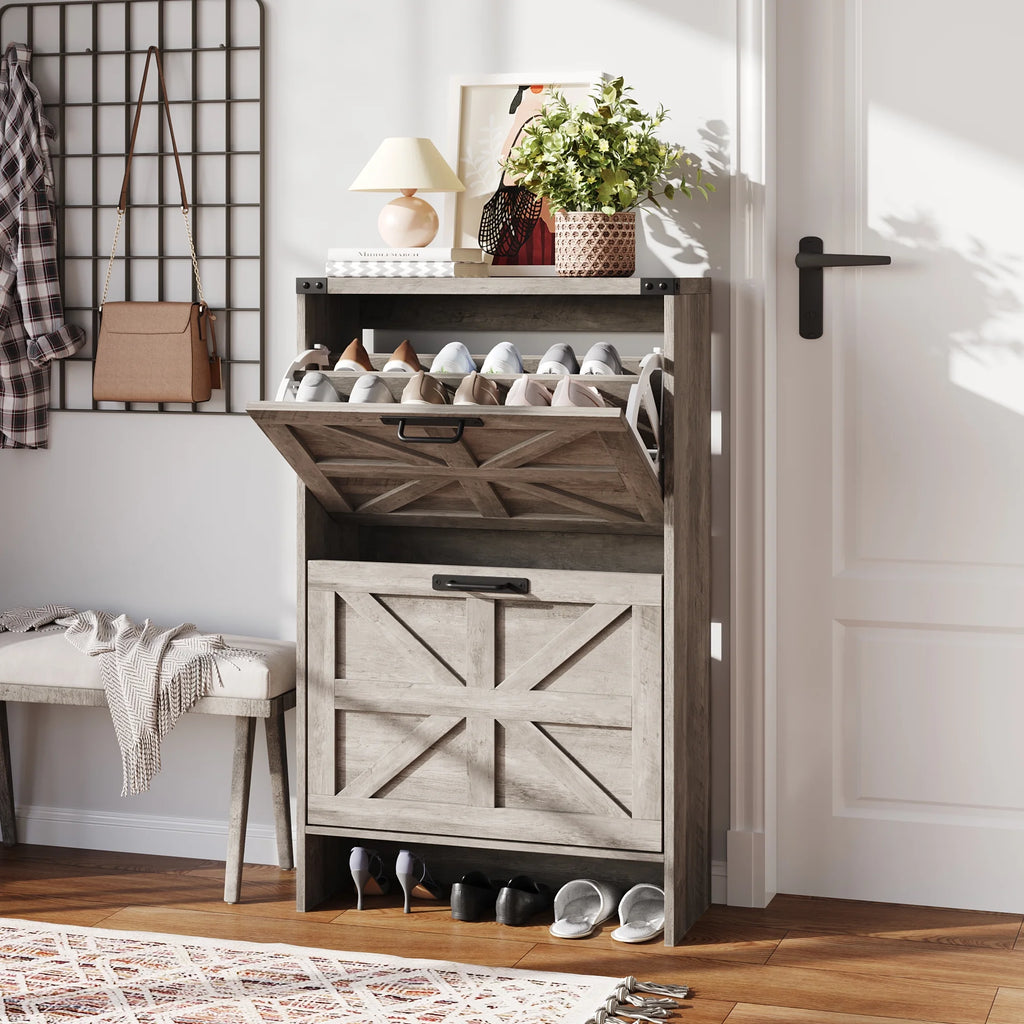 VEANERWOOD Shoes Storage Cabinet With Doors, Farmhouse Shoe Cabinet With 2 Flip Drawers For Entryway,Gray