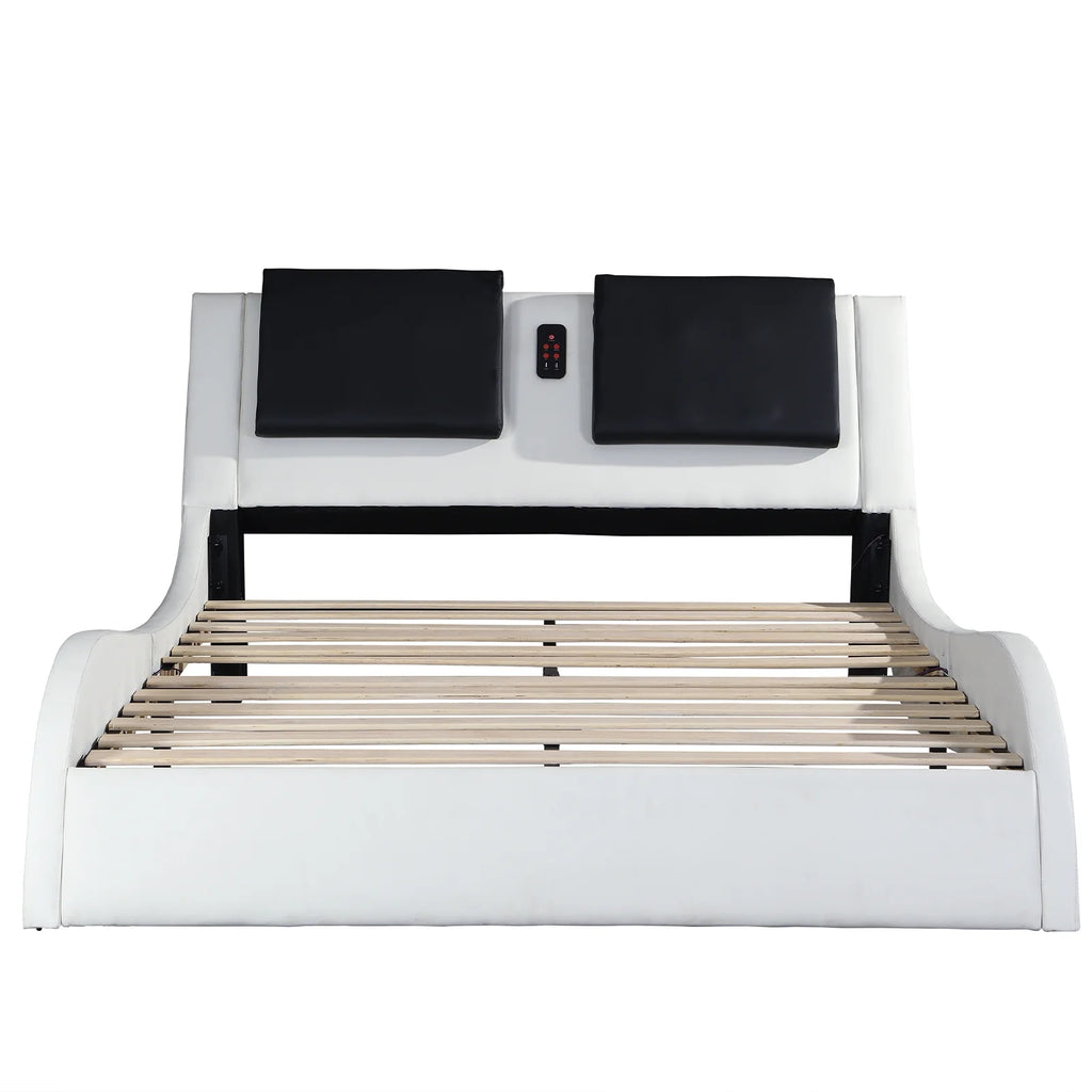 OYang King Size Platform Bed Frame wth LED Light And USB Charging Ports Headboard, Wave-Like Curve Backrest Vibration Massage Upholstered Faux Leather Bed for Home