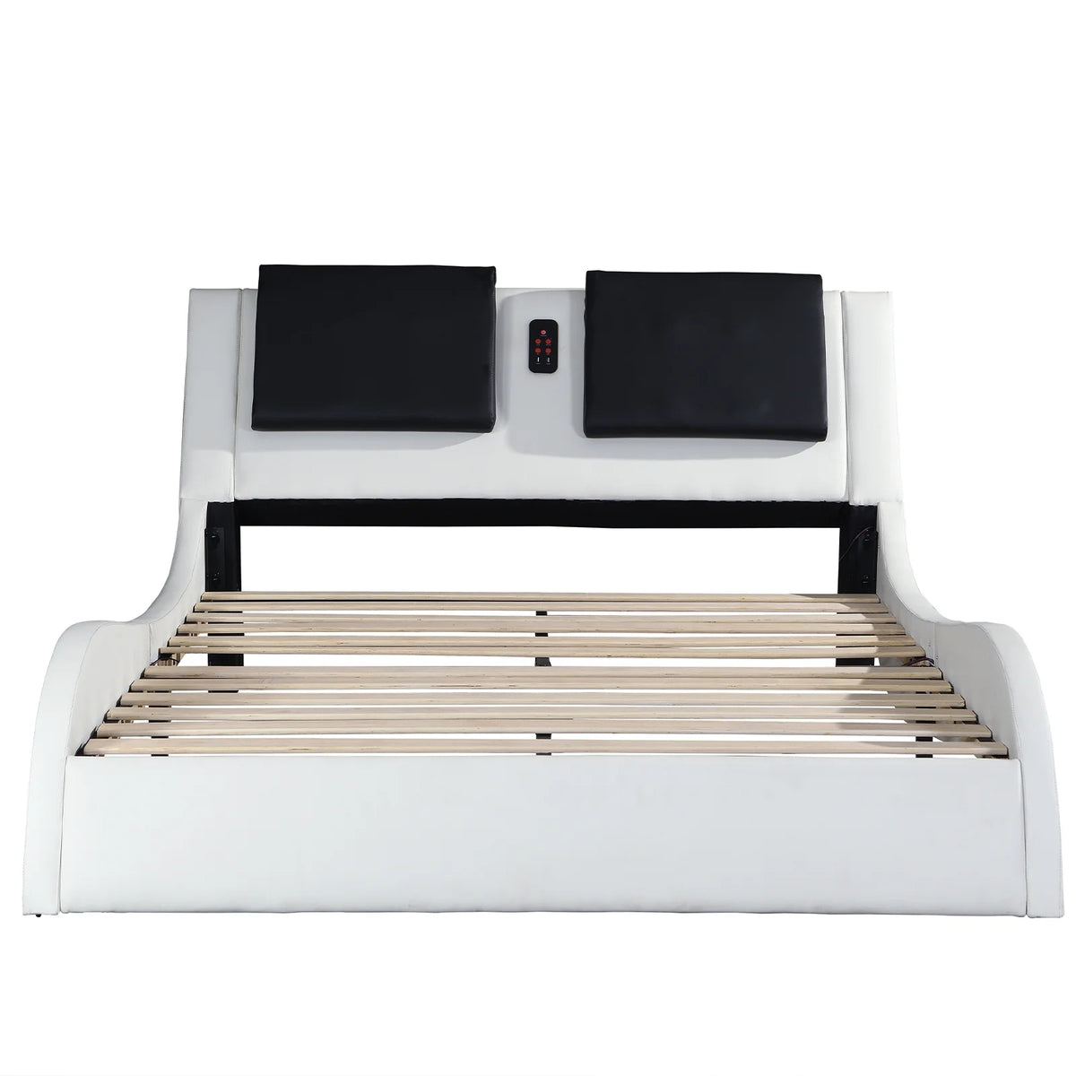OYang King Size Platform Bed Frame wth LED Light And USB Charging Ports Headboard, Wave-Like Curve Backrest Vibration Massage Upholstered Faux Leather Bed for Home