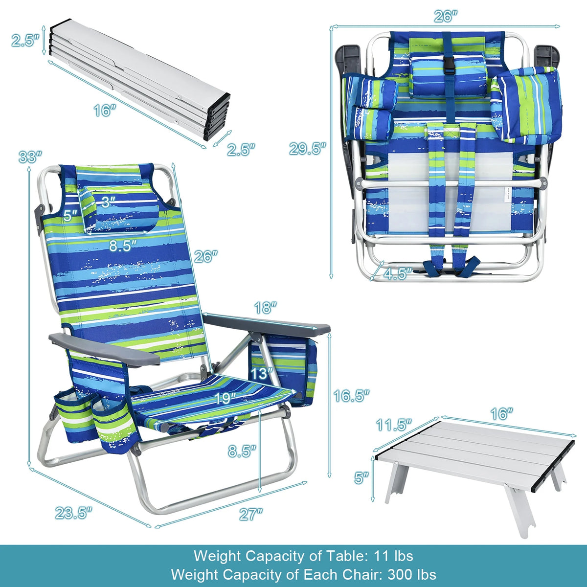 Costway 2-Pack Folding Backpack Beach Chair Table Set 5-Position Outdoor Reclining Chair Pink