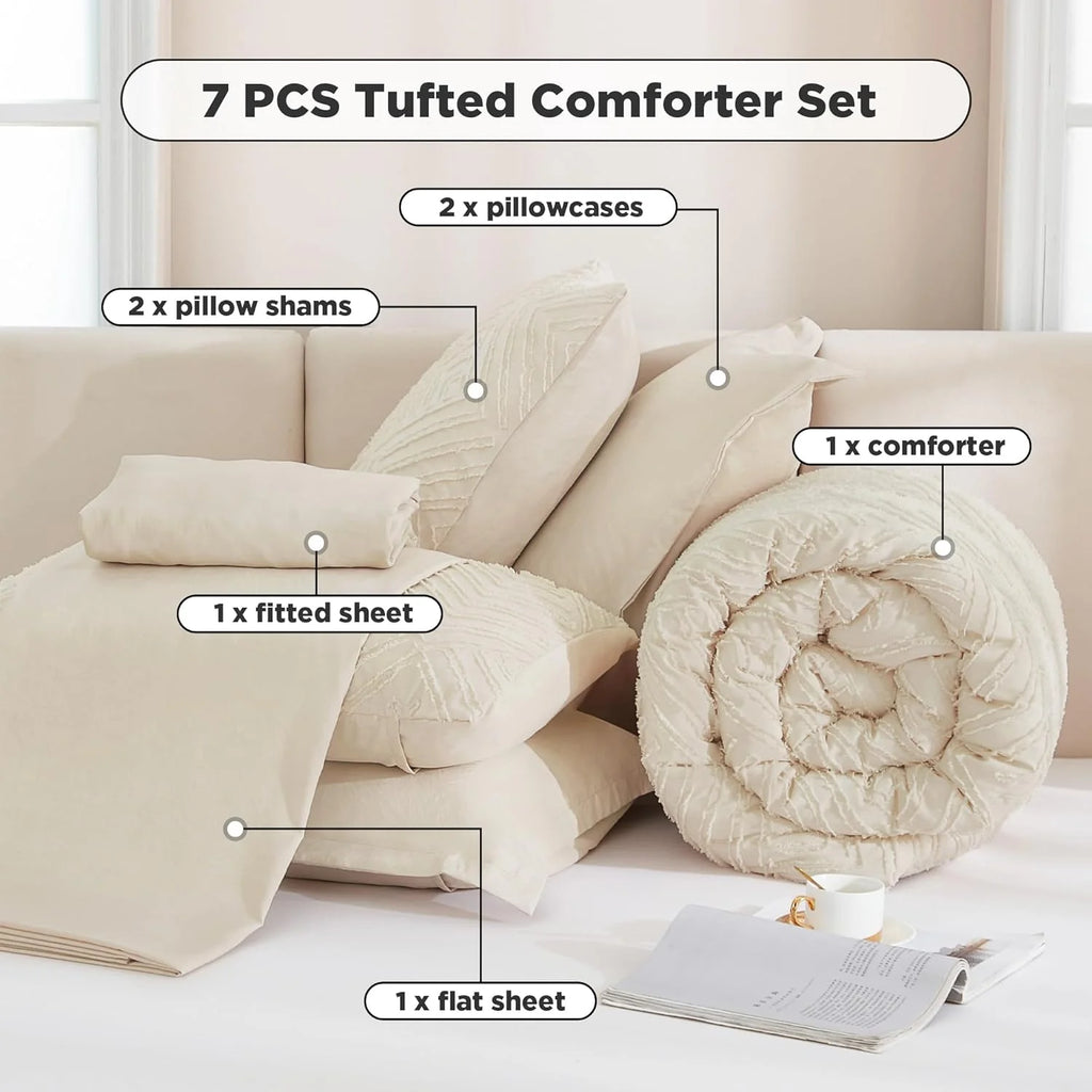 Queen Comforter Set 7 Piece Dark Emerald Green - Bed in a Bag Queen Boho Lightweight Fluffy Tufted Bedding Sets with Comforter, Sheets, Pillowcases & Shams