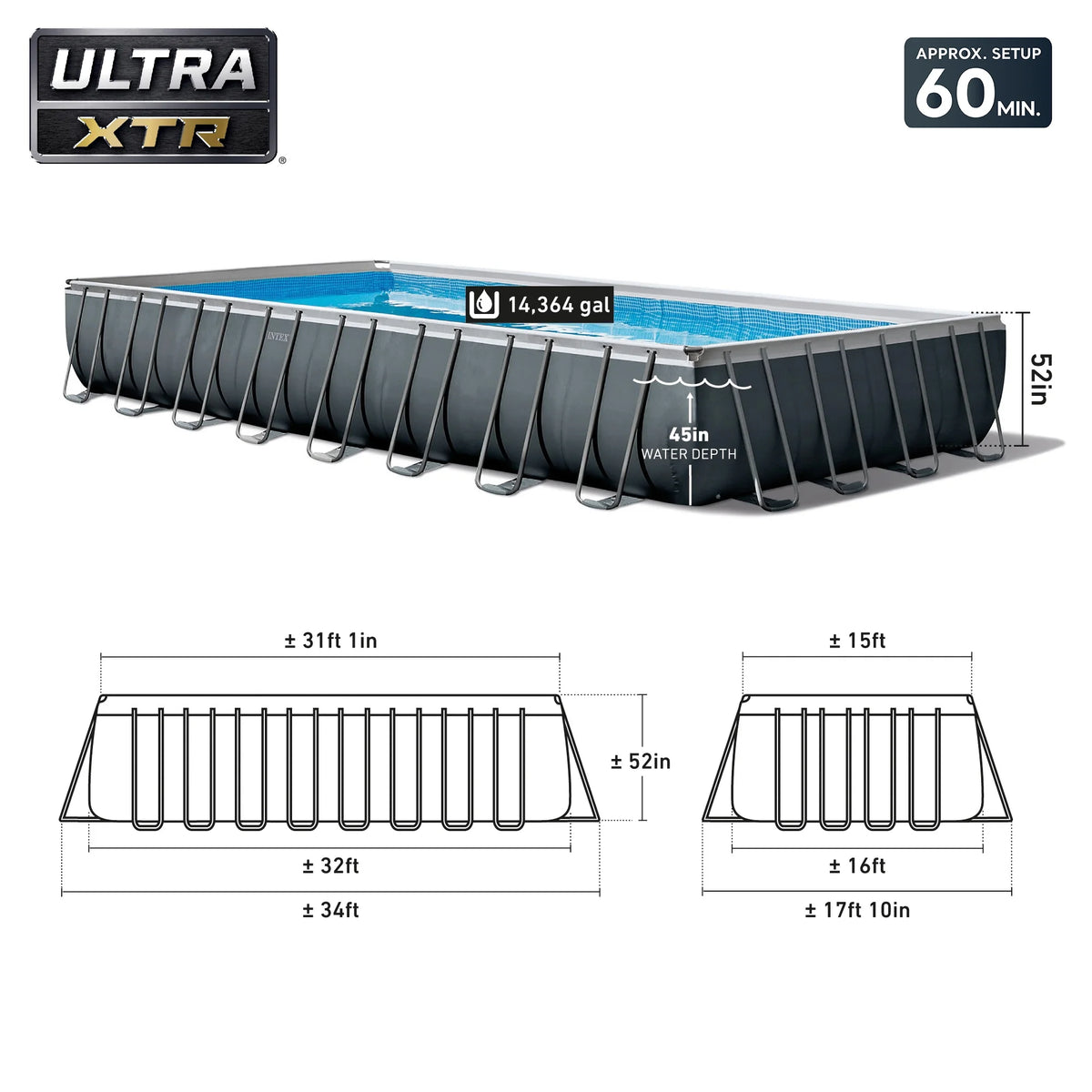 Open Box Intex 32 Ft x 16 Ft x 52 Inch Ultra XTR Rectangular Pool Set w/ Pump