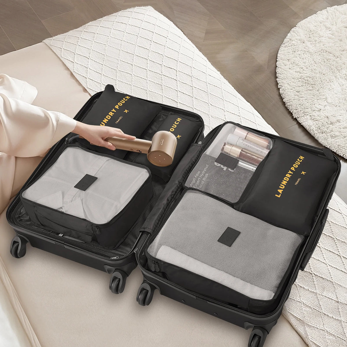 9 Piece Luggage Sets, Hard 20 24 28 inch Luggage with 6 Pieces Organize Bags Travel Suitcases Sets with Wheels, Rose