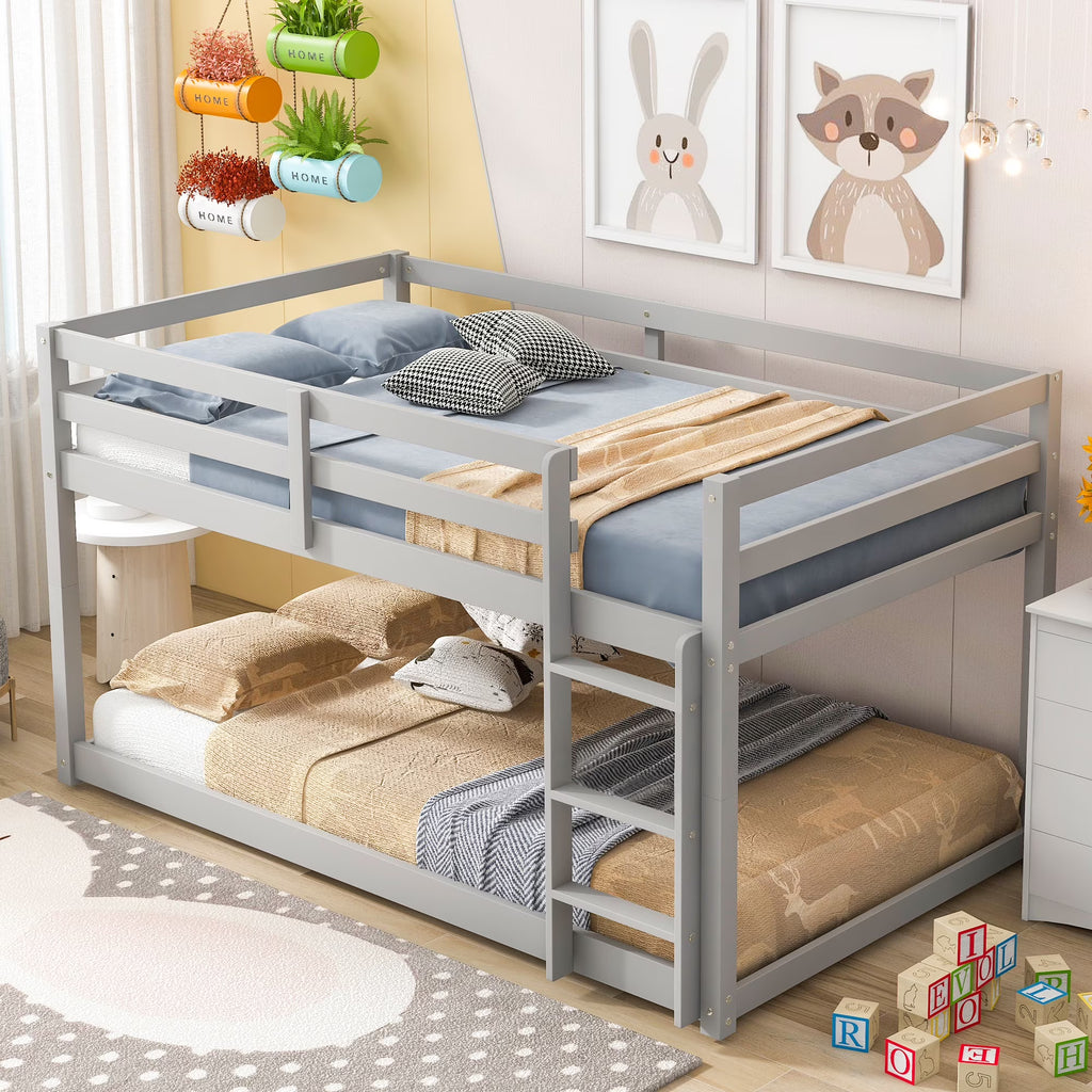Twin Over Twin Floor Bunk Bed, UHOMEPRO Solid Wood Low Bunk Bed with Safety Rail, Ladder, Heavy Duty Bunk Beds, Space-Saving Bedroom Dorm Furniture, Gray