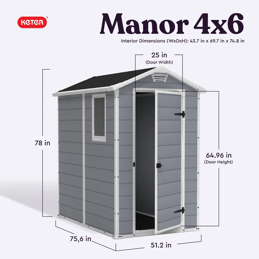 Keter 213413 Manor DD 6 X 8 Foot All Weather Outdoor Storage Shed, Grey