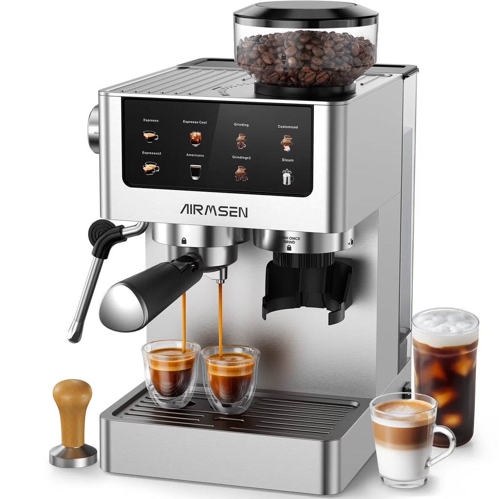 AIRMSEN Espresso Machine with Grinder, Espresso Coffee Machine with Customized Grind Amount & Coffee Volume, Cold Brew Coffee Maker for Cappuccino Latte Americano, Brushed Stainless Steel