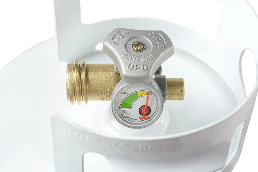 Flame King 20 lb. Propane Cylinder with Type 1 Overfill Protection Device Valve and Built-In Gauge (Ships Empty)