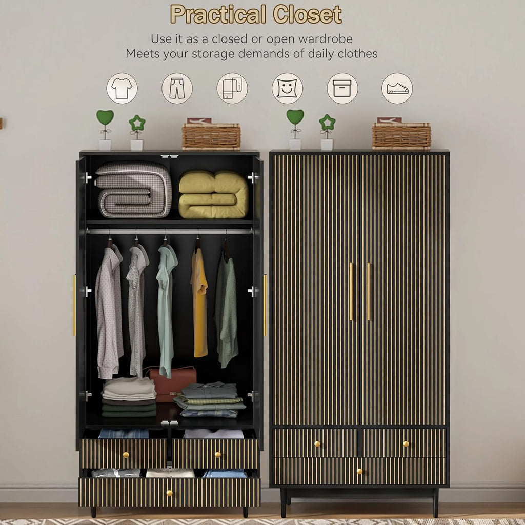 Oubayajia Wardrobe Armoire Closet, 2 Fluted Doors Wardrobe Cabinet with 3-Drawer and Hanging Rod, Wood Wardrobe Storage for Bedroom