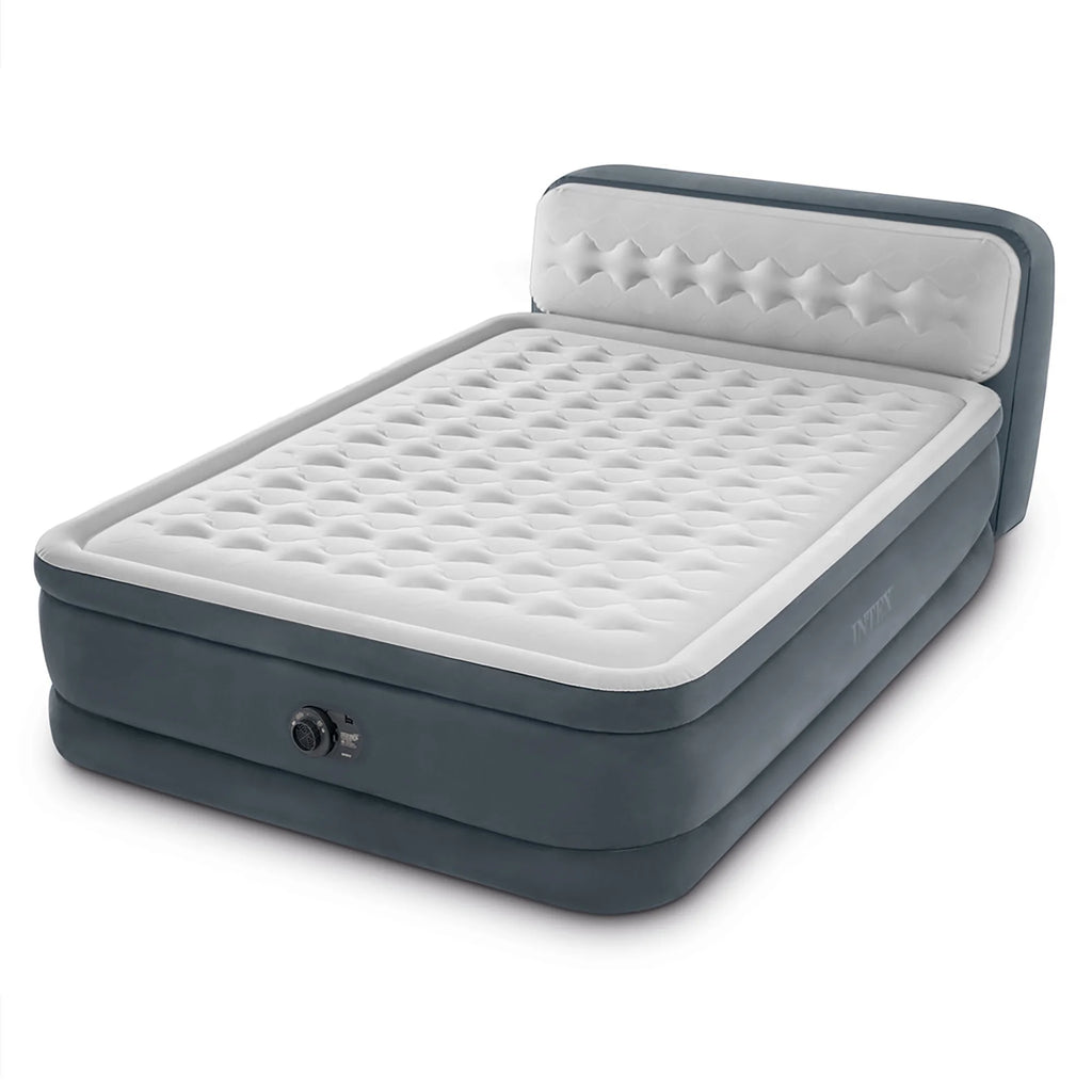 Intex: Dura-Beam Deluxe: Ultra Plush Headboard Airbed - Queen - Gray, 18" Inflatable Mattress, Built-In Pump, Fiber-Tech, Carry Bag, 600lb Cap 64447ED