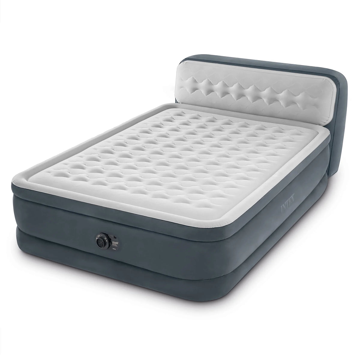 Intex: Dura-Beam Deluxe: Ultra Plush Headboard Airbed - Queen - Gray, 18" Inflatable Mattress, Built-In Pump, Fiber-Tech, Carry Bag, 600lb Cap 64447ED