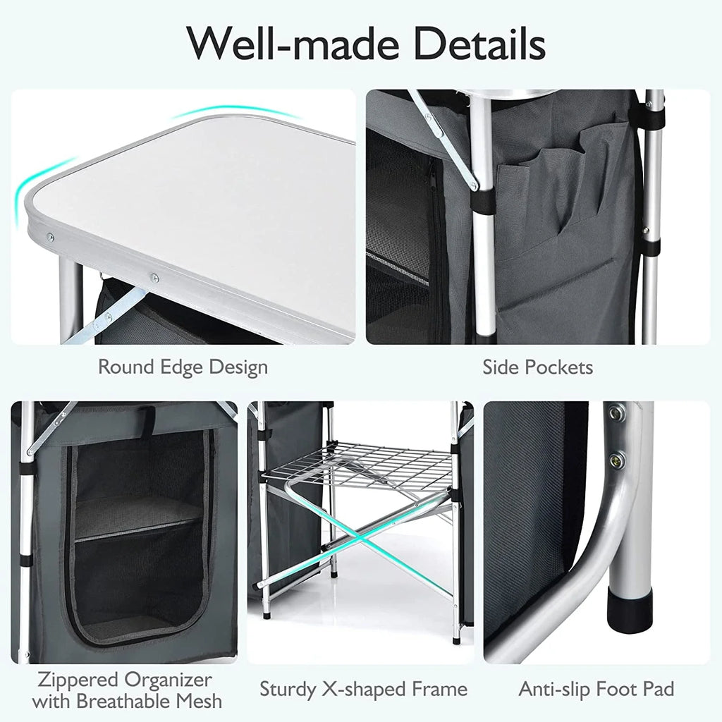 Camping Kitchen Table with Storage, Aluminum Portable Outdoor Cooking Table with Windscreen, Foldable Camp Table Cook Station for BBQ, Grill, Party, Picnics