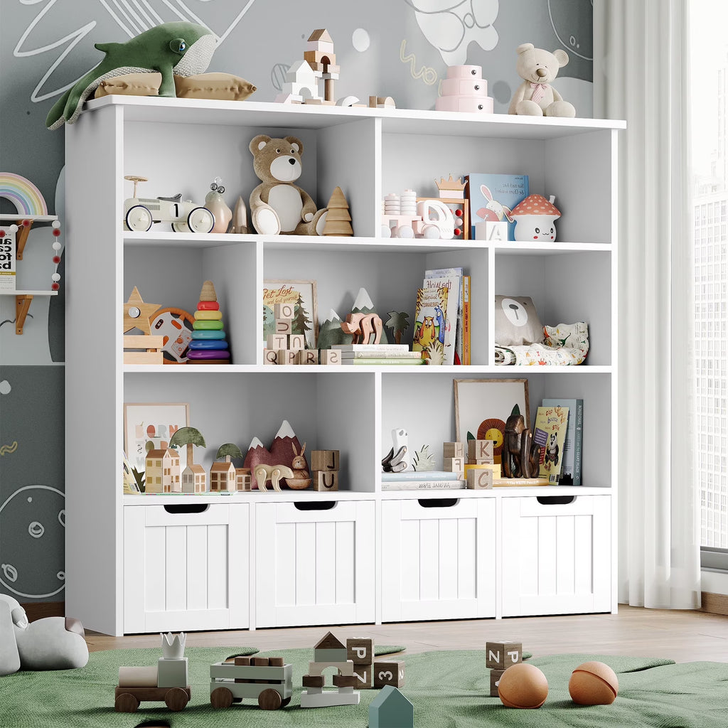 Homfa 7 Cube Toy Storage Organizer, Kids Geometric Bookcase and Bookshelf with 4 Drawers, White