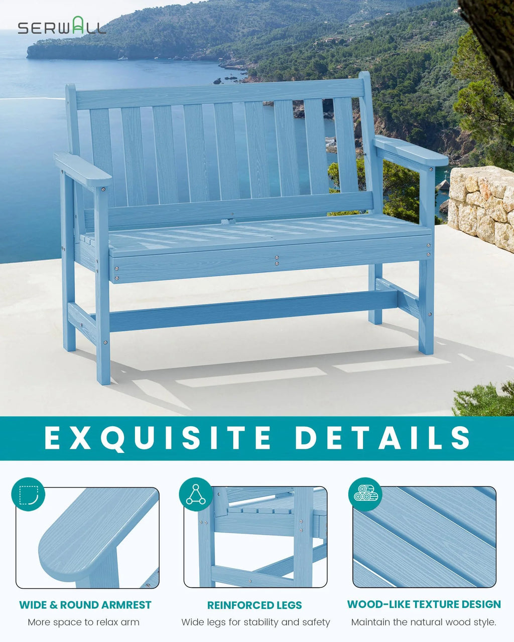 SERWALL Outdoor Bench for 2-Person, Weather-Resistant HDPE with Aluminum Reinforcement, Supports 660 lbs, Comfortable Seating for Patio, Garden, and Porch, Black