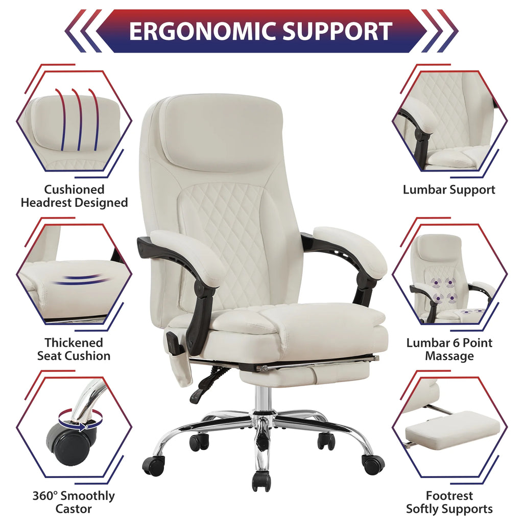 JONPONY Big and Tall Office Chair 500LBS Executive Office Chair Massage and Footrest Ergonomic Computer Desk Chair Reclining High Back Leather Office Chair Lumbar Back Support Swivel Rolling,Black