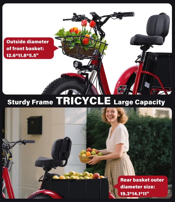 YEBEI Electric Tricycle for Adults Folding E-Trike Motorized Tricycle Electric 3 Wheels Trike Powerful 500W Motor Electric Tricycle 48V15AH Lithium Battery Max 20MPH 20*4.0�� Fat Tire Orange