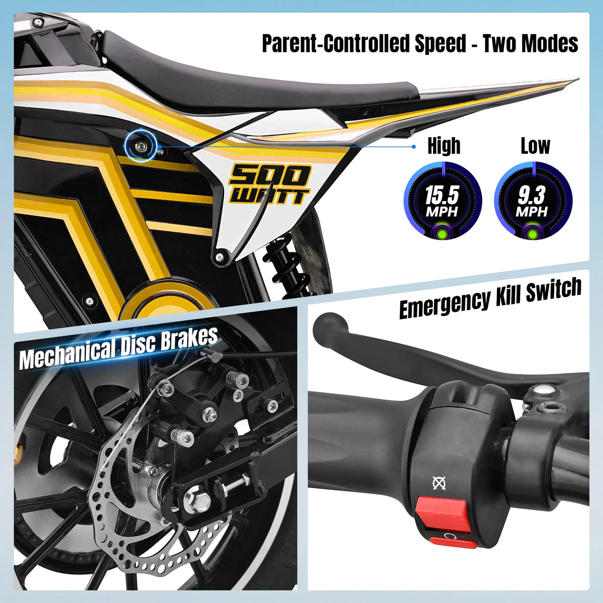QEASET electric dirt bike, 500W kids dirt bike for Boys Girls Age 8-14, Blue