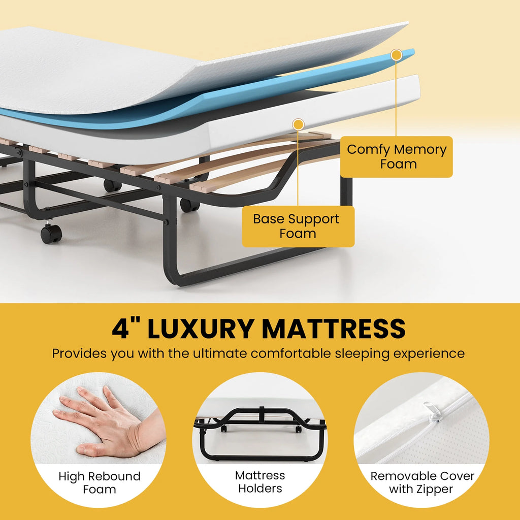 Gymax Portable Foldable Guest Bed w/ Solid Wood Slats & Metal Frame Rollaway Bed for Adults w/ Wheel