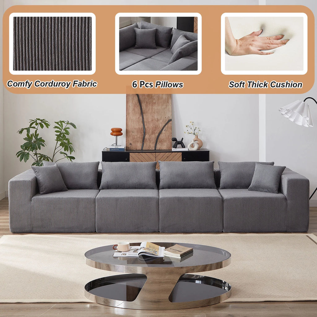 104-Inch Corduroy Modular L Shaped Sectional Sofa,Luxury Floor Couch Set,Upholstered Indoor Furniture,Foam-Filled Compressed Sofa for Living Room,Bedroom,4 PC Free Combination  ?