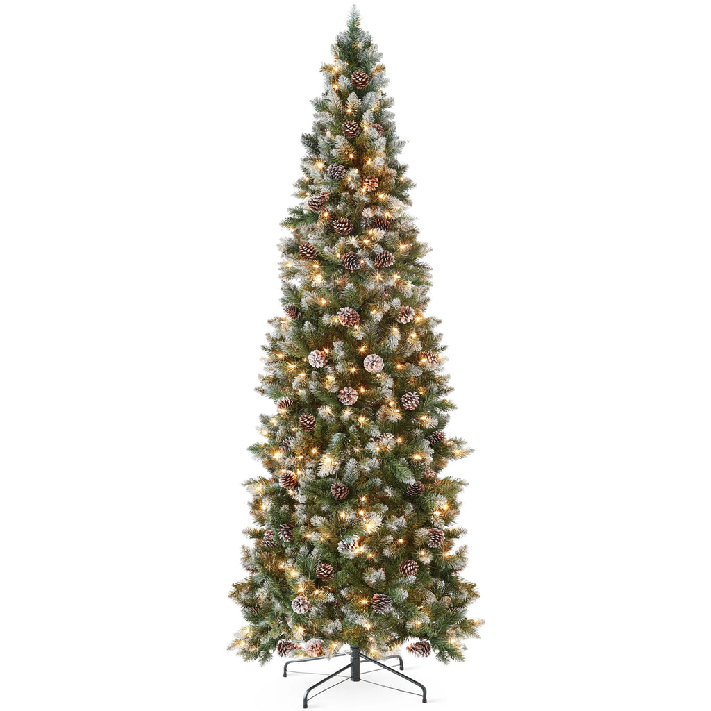 Best Choice Products 6ft Pre-Lit Partially Flocked Pencil Christmas Tree w/ 250 Lights, Pine Cones, Foldable Stand