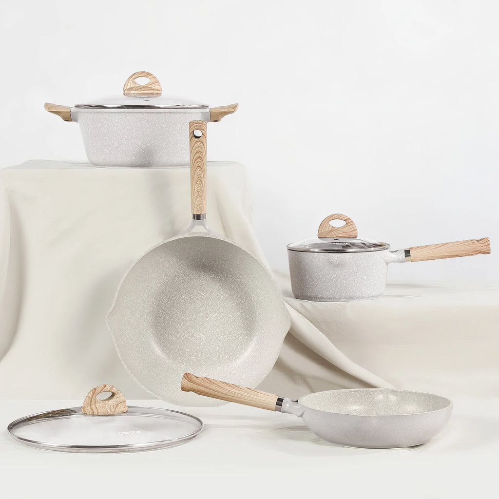 Carote Nonstick Cookware Set 21-Piece,Kitchen Pots and Pans Set,Stay-Cool Handles, Induction Compatible,Cookware Set for RV and Camping,Beige