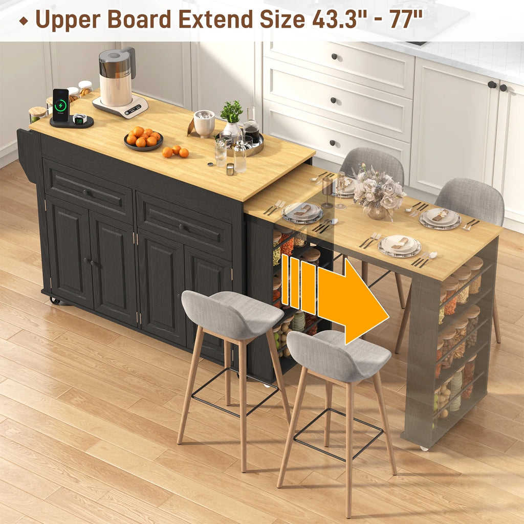 ANPOO Large Kitchen Island with Extendable Dining Table and Power Outlet, Rolling Kitchen Island Cart on Wheels with 2 Storage Cabinets & 2 Drawers & 3 Spice Racks, Island Table for Kitchen