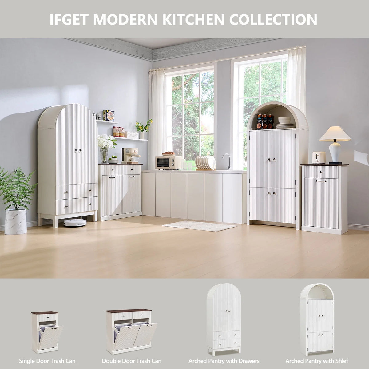SinCiDo Arched Kitchen Pantry Storage Cabinet, 71-Inch Tall Wood Adjustable Shelves, 2 Doors, 2 Drawers
