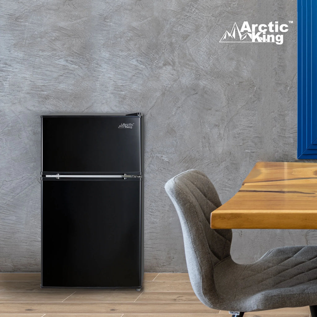 Arctic King 3.2 Cu ft Two Door Mini Fridge with Freezer, Stainless Steel, E-Star