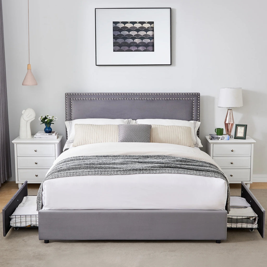 VECELO Full Bed Frame with 4 Storage Drawers (Wheeled) and Tufted Upholstered Adjustable Headboard Platform Bed, Beige