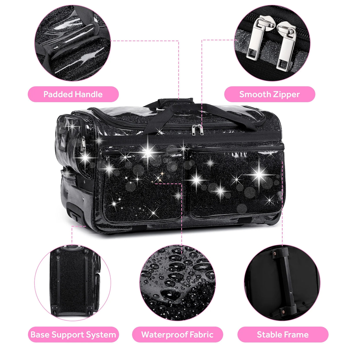 Dance Bag with Garment Rack,23"Glitter Rolling Dance Competition Bag with Organizer Bag, Collapsible Dance Travel Bag Suitcase for Dancers Performer Artist,Pink