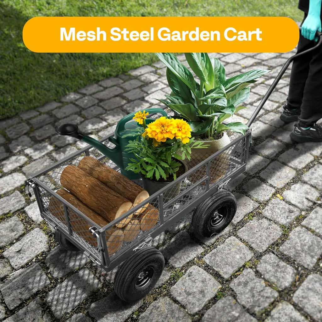 SPECSTAR Mesh Steel Garden Cart 880 lbs Capacity, 38" x 21" Folding Utility Wagon with 10 Inch Wheels