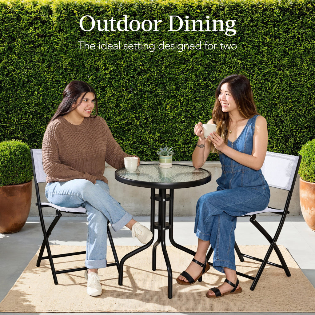 Best Choice Products 3-Piece Patio Bistro Dining Furniture Set w/ Glass Tabletop, Folding Chairs - Gray