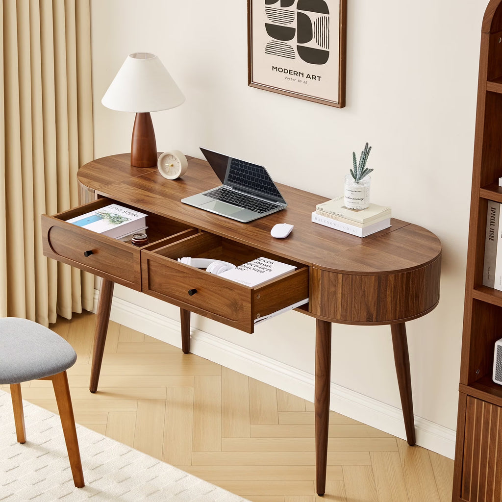 YOCWO Modern Home Office Desk with  2 Drawers and 2 Fflip-top Storage, Oval Computer PC Desk Table, Vanity Desk with Fluted Curved Table Edge, Walnut