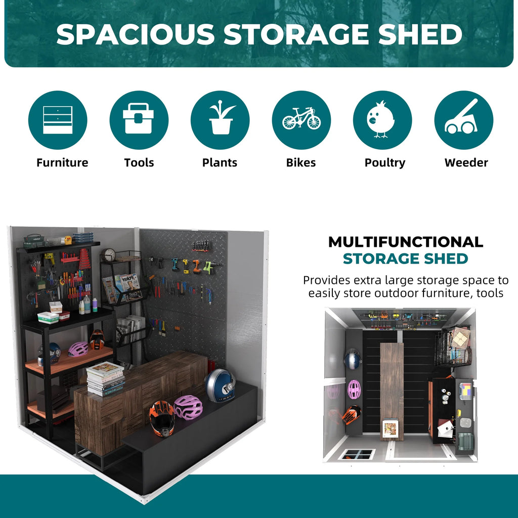 Seizeen Shed and Outdoor Storage, 41 Cu.Ft Small Outdoor Resin Shed with 3 Doors & Floor, 306GAL Deck Box Waterproof Plastic Tool Storage Shed for Cushion Lawn Mower Garbage Cans