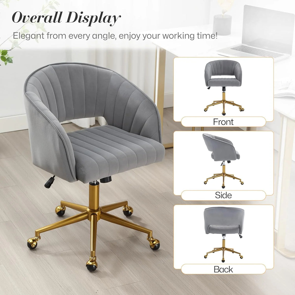 Home Office Swivel Desk Chair, Modern Velvet Vanity Chair, Height Adjustable Armchair with Gold Base, Ergonomic Office Chair for Task Study Computer Room, Beige