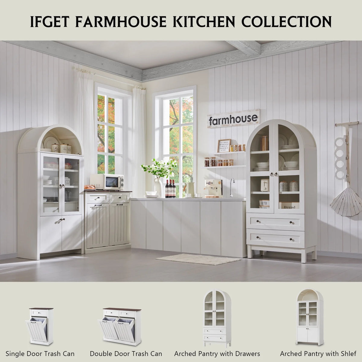 SinCiDo Arched Kitchen Pantry Storage Cabinet, 71-Inch Tall Wood Adjustable Shelves, 2 Doors, 2 Drawers