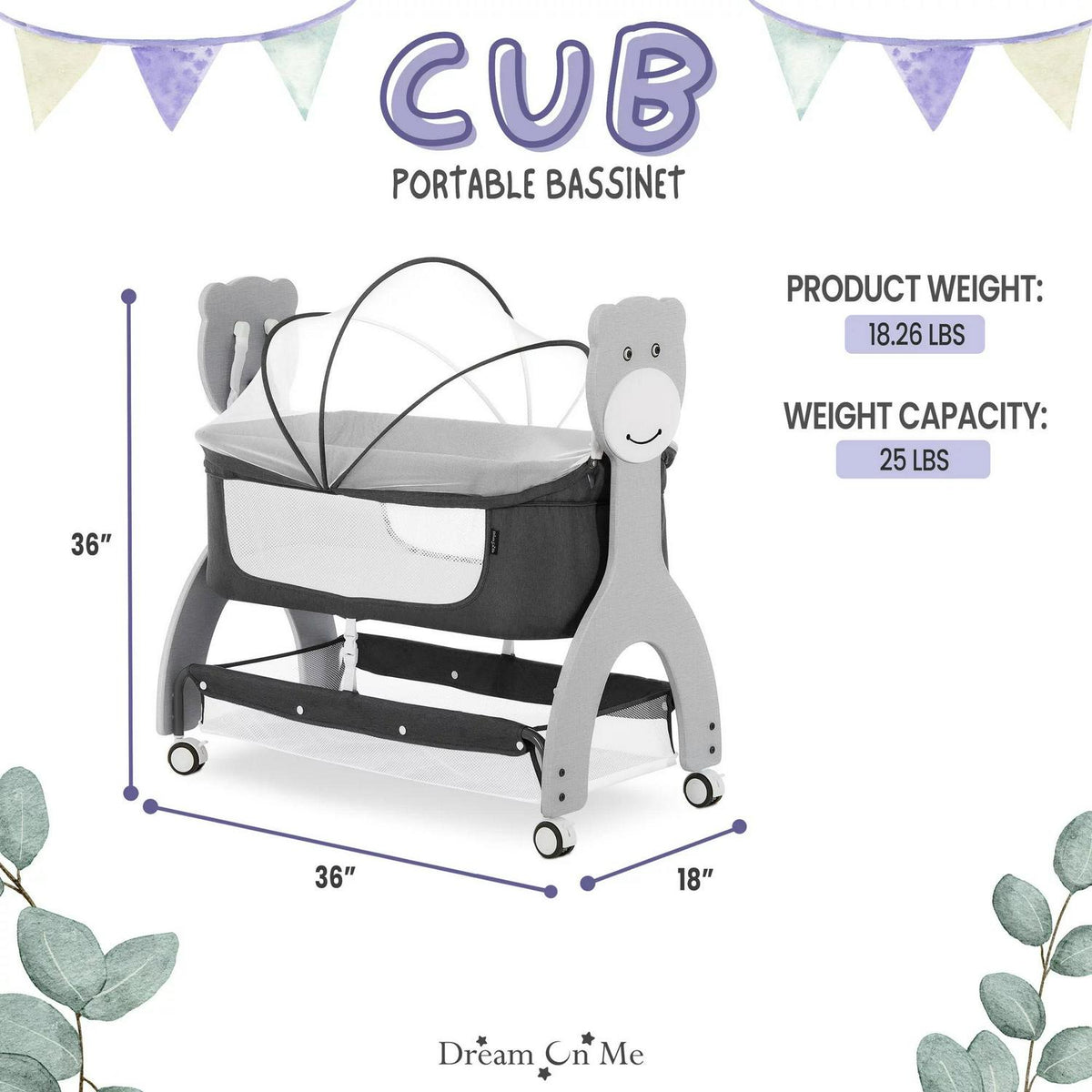 Dream on Me Cub Portable Bassinet in Dark Grey. Multi-Use Baby Bassinet with Locking Wheels