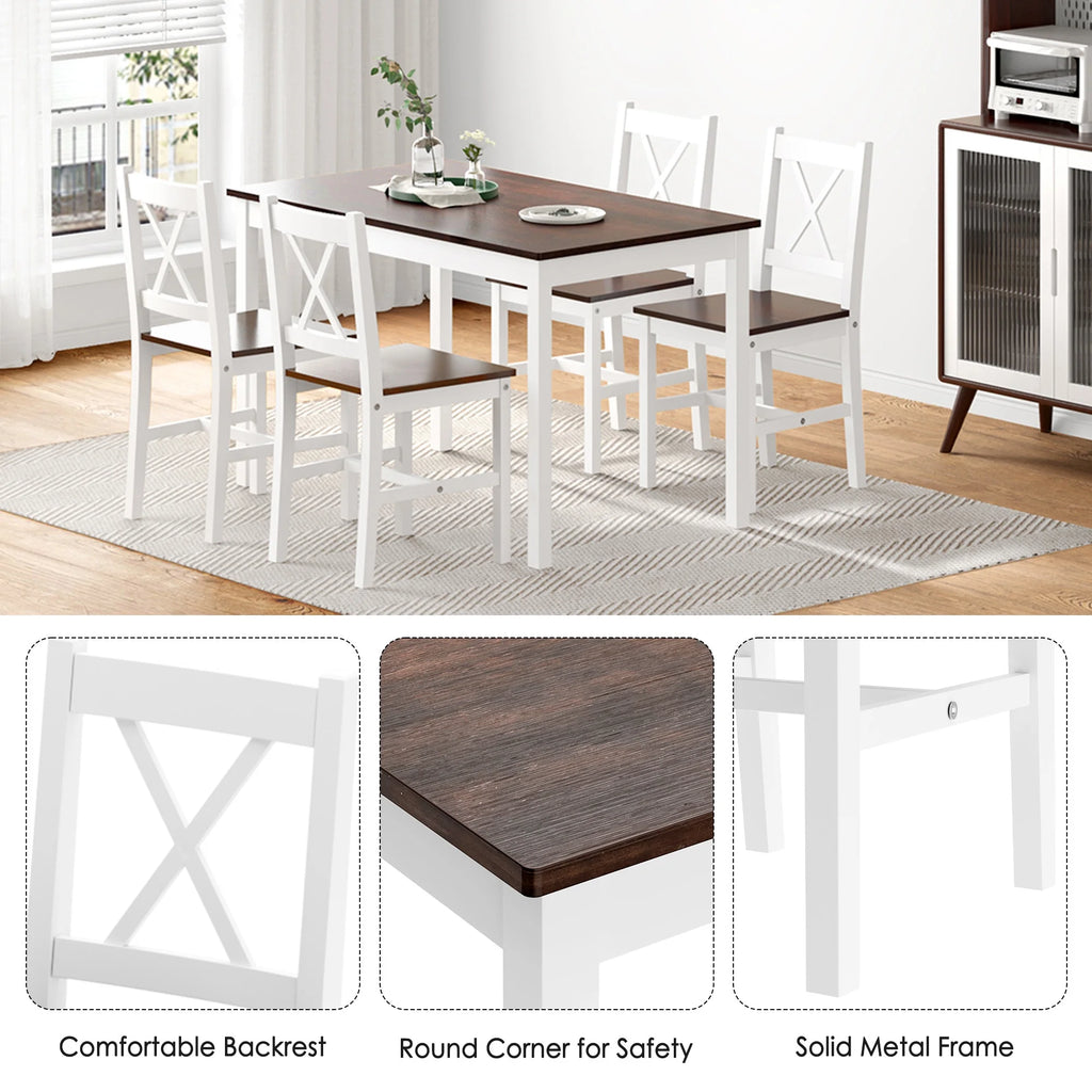Soges 5 Pieces Dining Table Set, Pine Wood Kitchen Dining Table with 4 Chairs, Wood Rectangular kitchen table and chairs for 4, Small Dining Set for Bar Dining Room Breakfast Nook, White and Gray