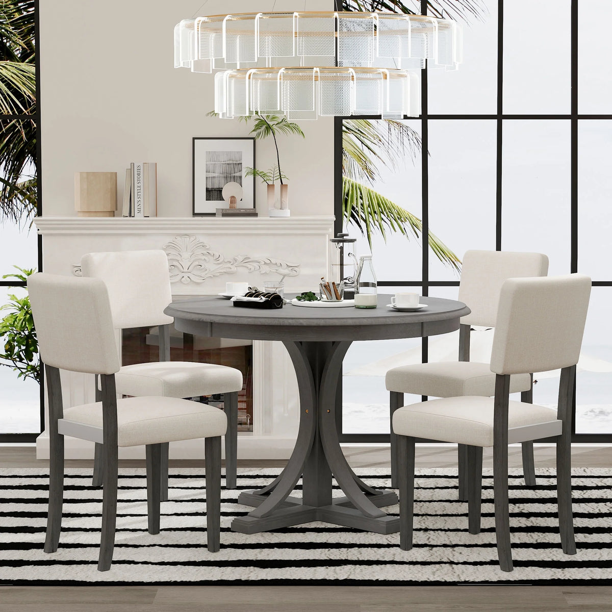 5 Piece Retro Round Dining Table Set with 4 Upholstered Chairs, Wood Dining Table with Curved Trestle Style Legs