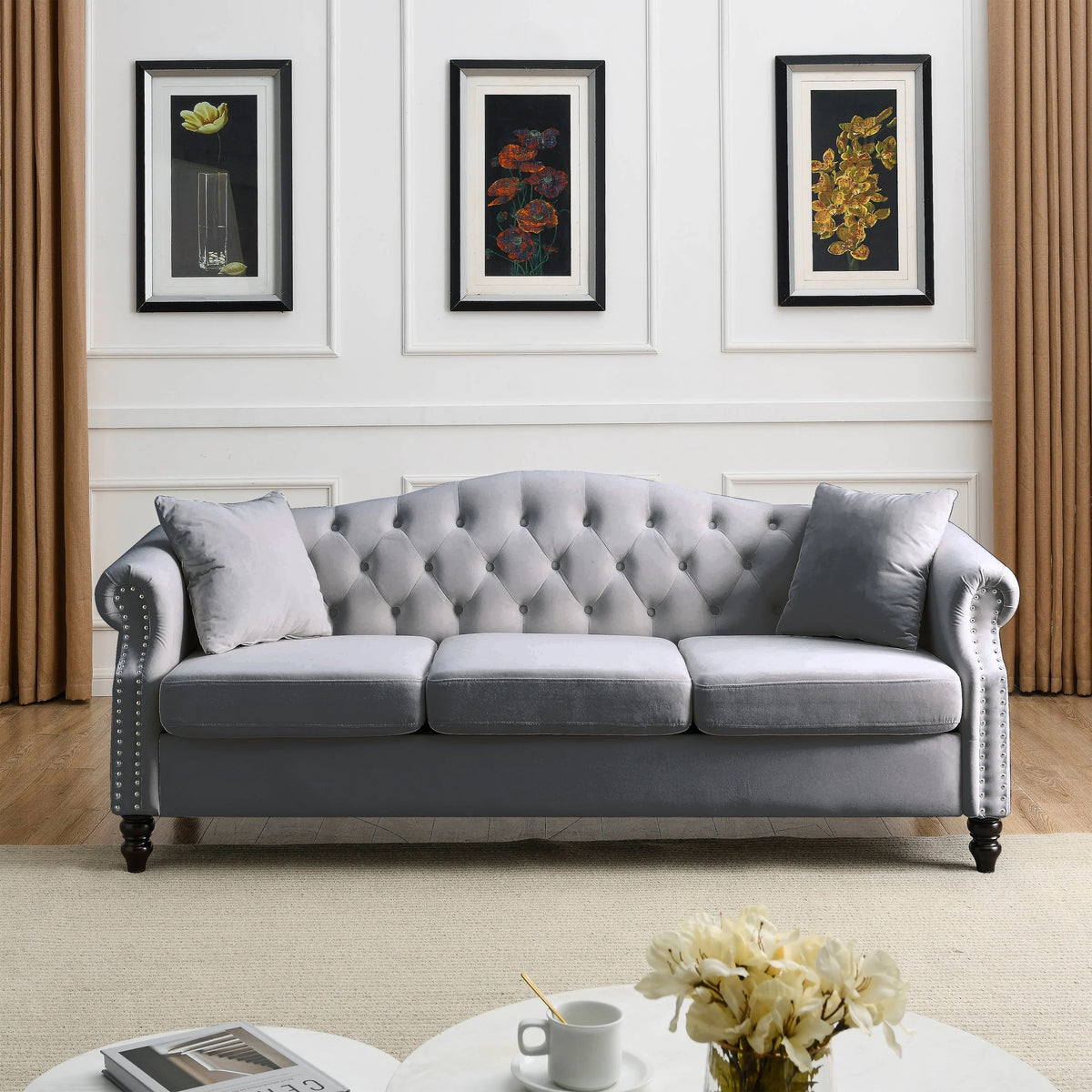 Chesterfield Upholstered Velvet Sofa, 3 Seater Button Tufted Couch with Nailhead Arms for Living Room Bedroom Office Apartment