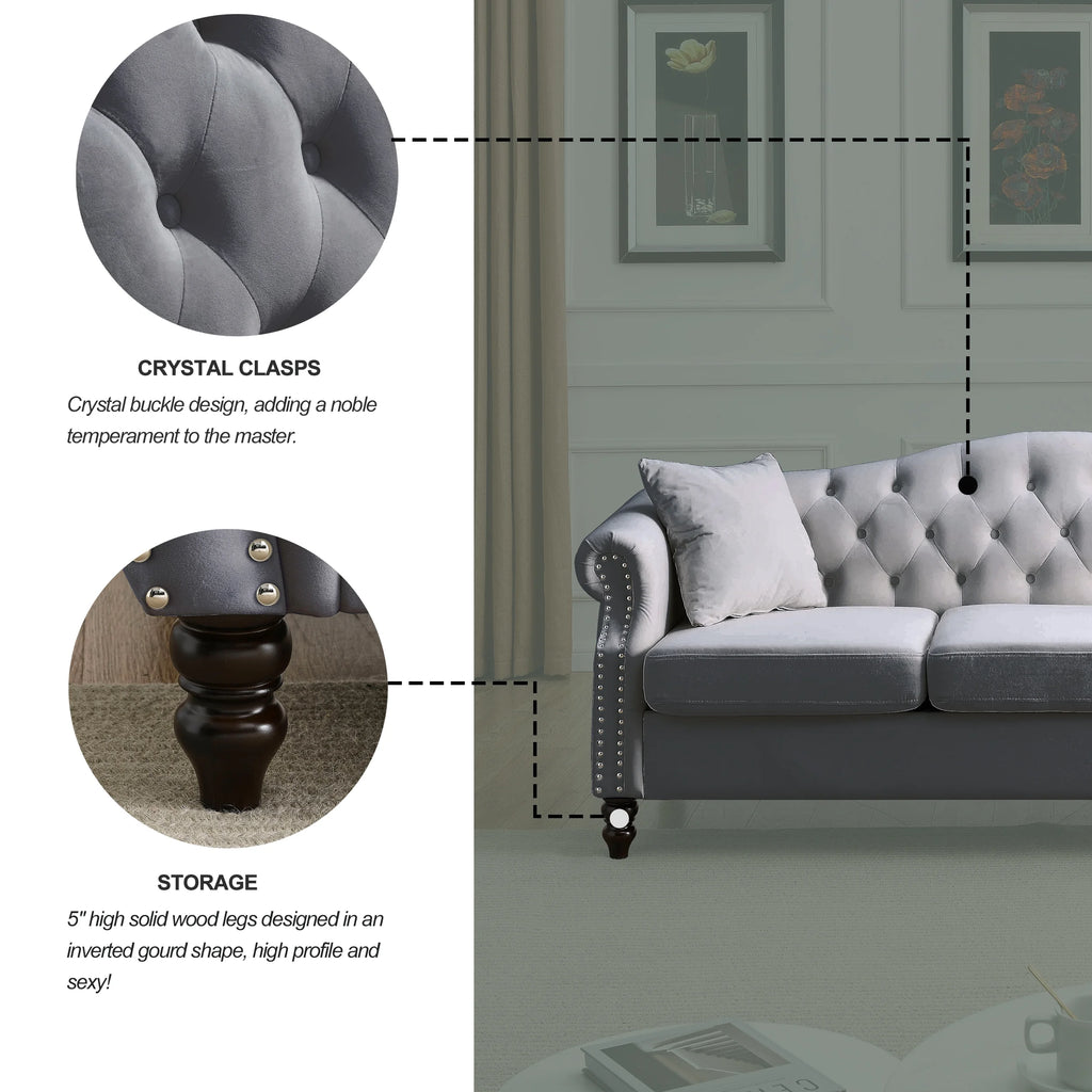 Chesterfield Upholstered Velvet Sofa, 3 Seater Button Tufted Couch with Nailhead Arms for Living Room Bedroom Office Apartment