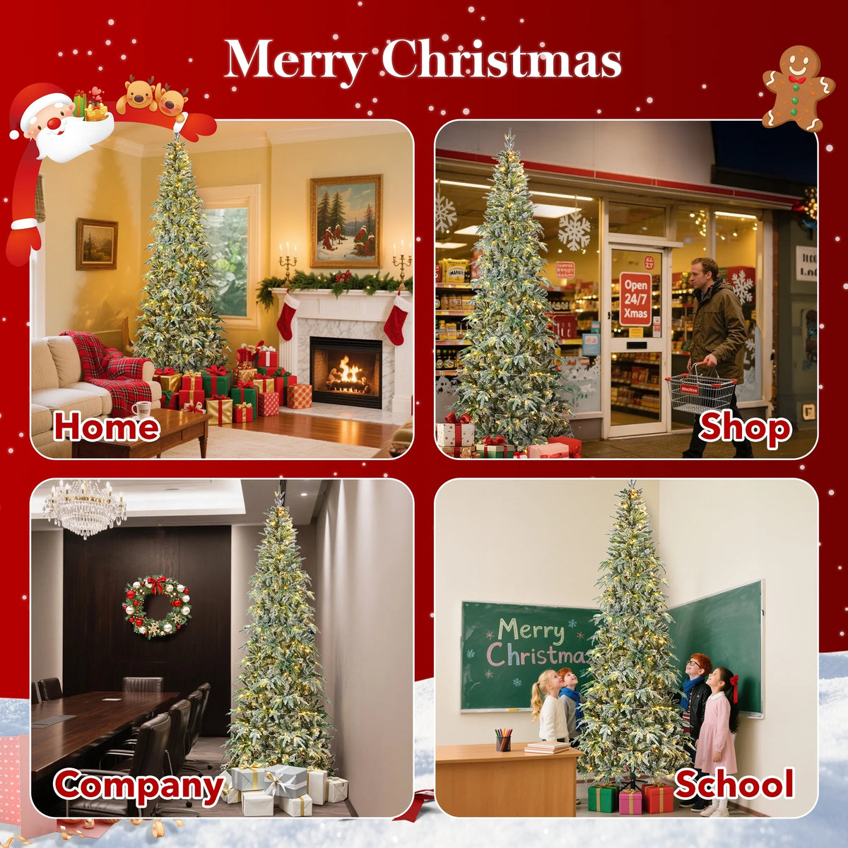 Qunler 9ft Snow Flocked Christmas Tree with 2028 Tips, Artificial Snowy Xmas Pine Tree with Reinforced Metal Base for Home Office Party Holiday Decorations ,White(NO Light)