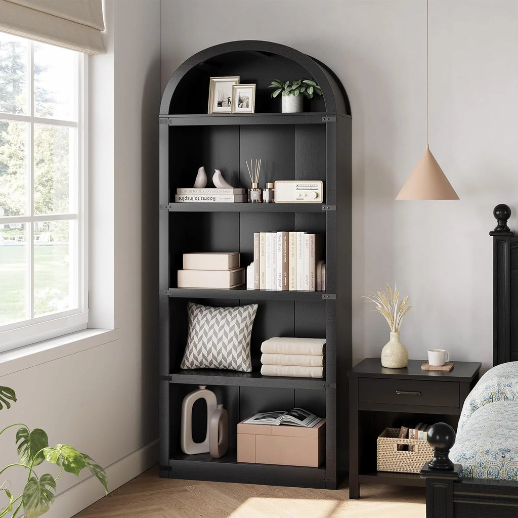 Bookcase 5 Shelf Arched Bookshelf 71.65in Tall Bookcase Farmhouse Display Storage Rack Wooden Bookshelves for Home Office, Living Room(white)